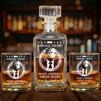 Donald Trump Whiskey Bottle, Trump 45 47 Whiskey Decanter Set, MAGA Wine Glass for Whiskey Lovers 684090 – GOP