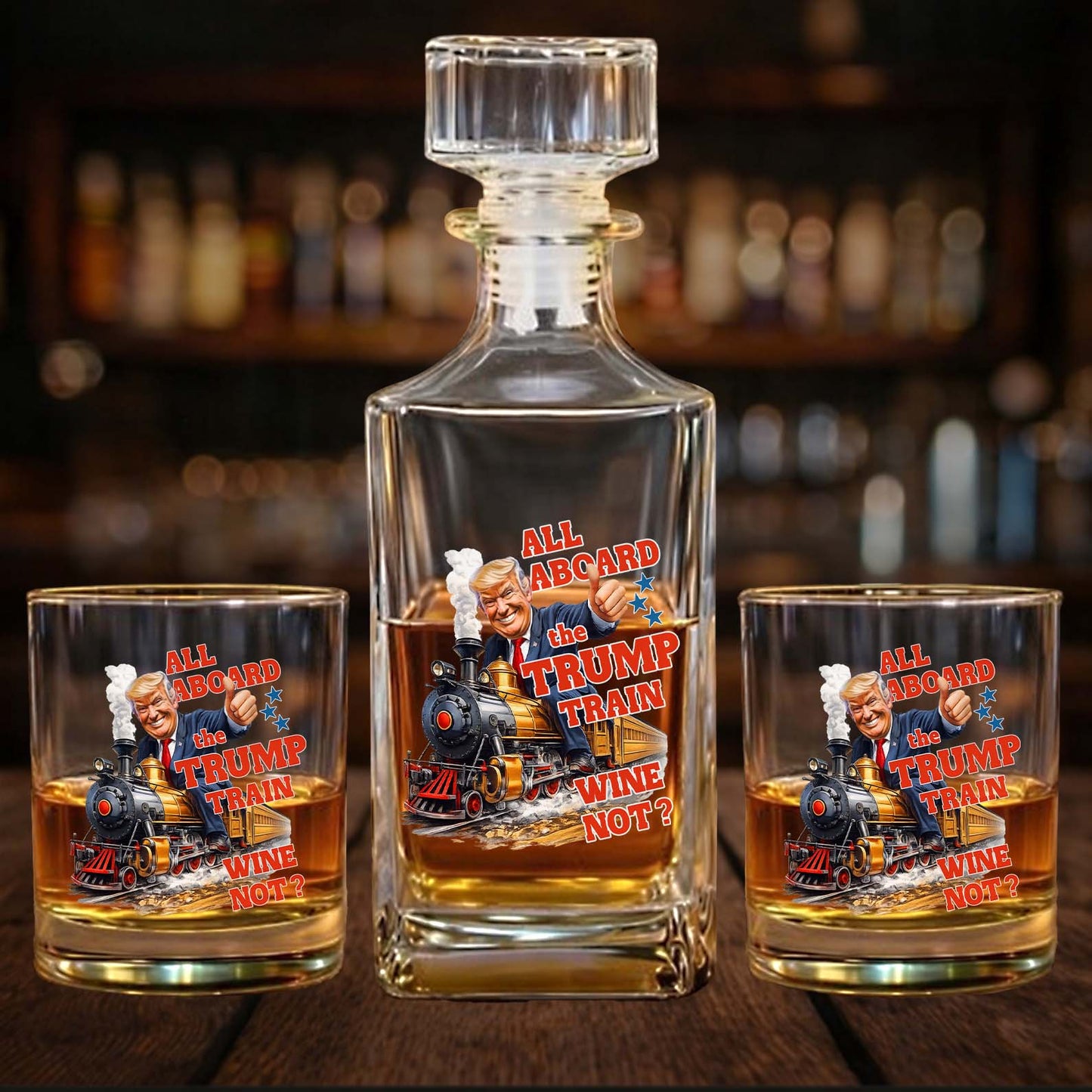 All Aboard the Trump Train Wine Not Whiskey Decanter Set | Trump Whiskey Bottle Whiskey Glass 684124 – GOP