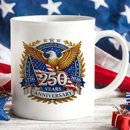 USA 250 Years Anniversary Mug | Patriotic America 1776–2026 Coffee Mug | Fourth of July White Accent Mug 684126