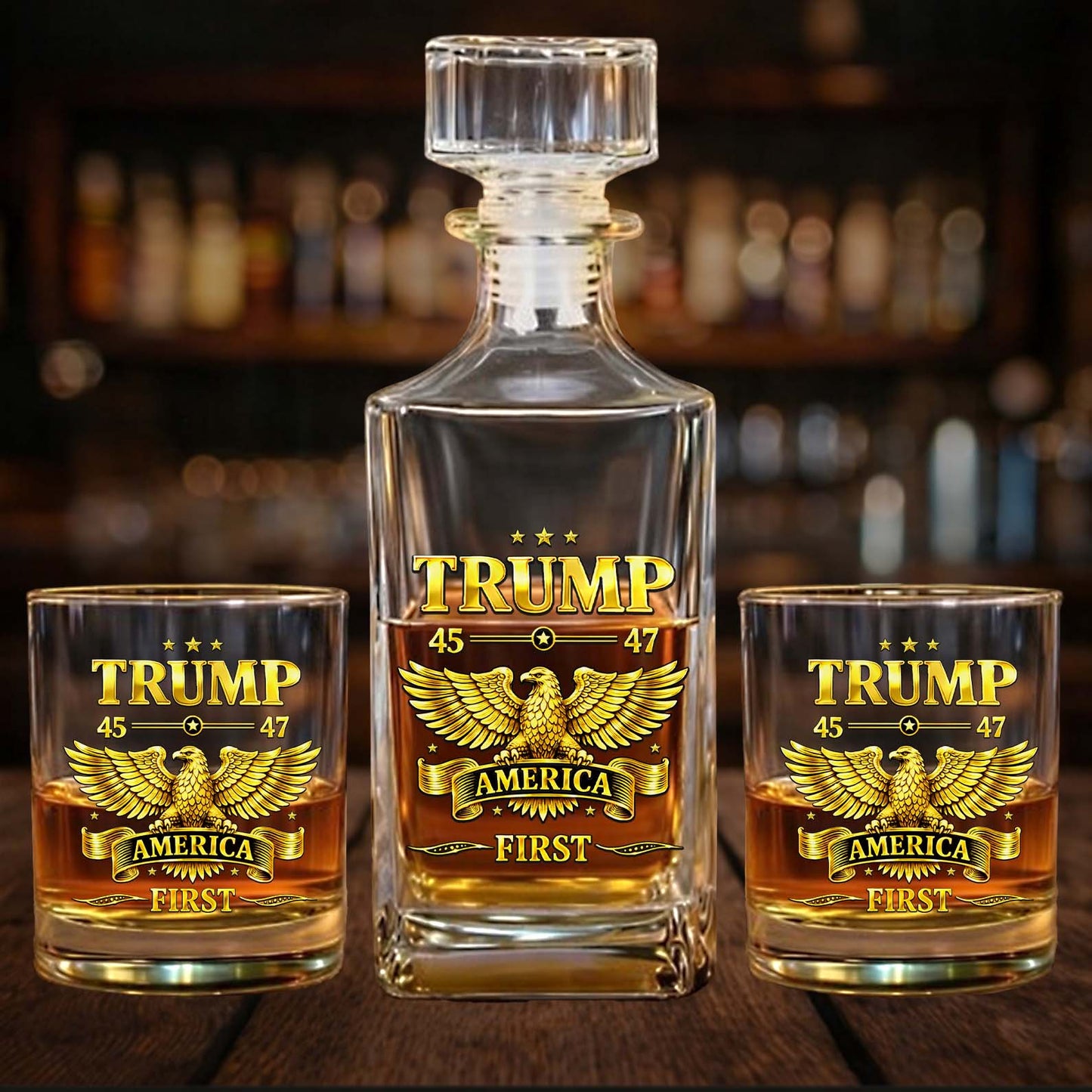 Donald Trump America First Whiskey Decanter Set | Trump 45 47 MAGA Whiskey Glass Whiskey Bottle 684173 – GOP