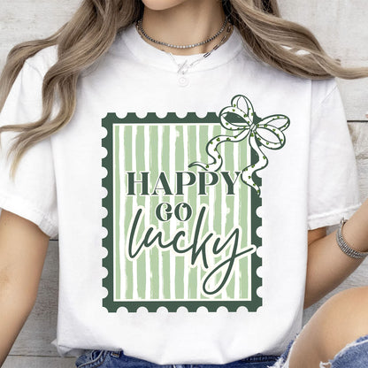 Happy Go Lucky Postage Stamp Shirt, Coquette St. Patrick's Day Sweatshirt 684203