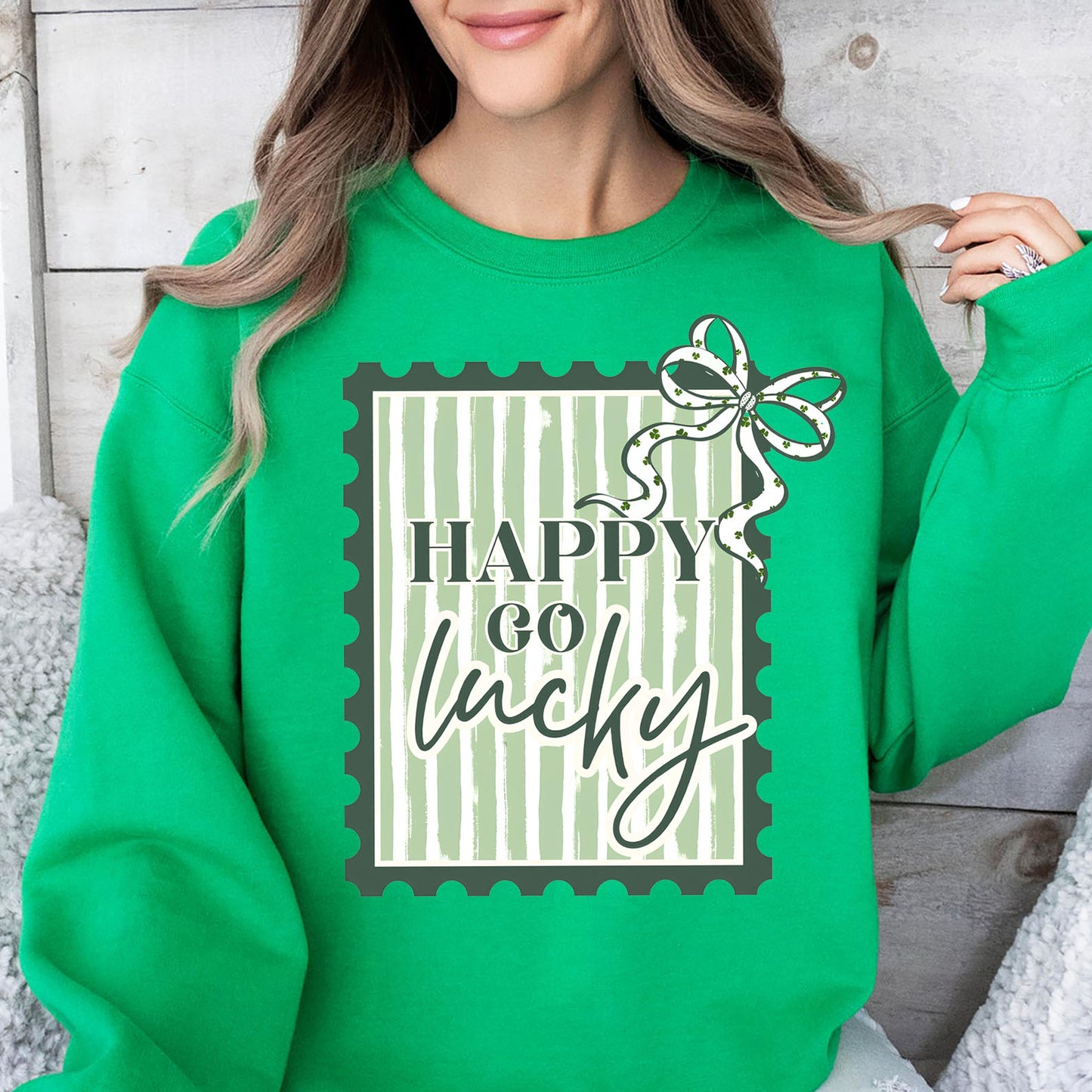 Happy Go Lucky Postage Stamp Shirt, Coquette St. Patrick's Day Sweatshirt 684203