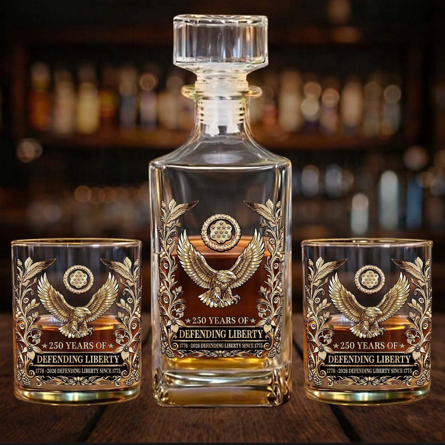 250 Years of Defending Liberty Whiskey Decanter Set | Patriotic 1776–2026 Whiskey Bottle Whiskey Glass 684249