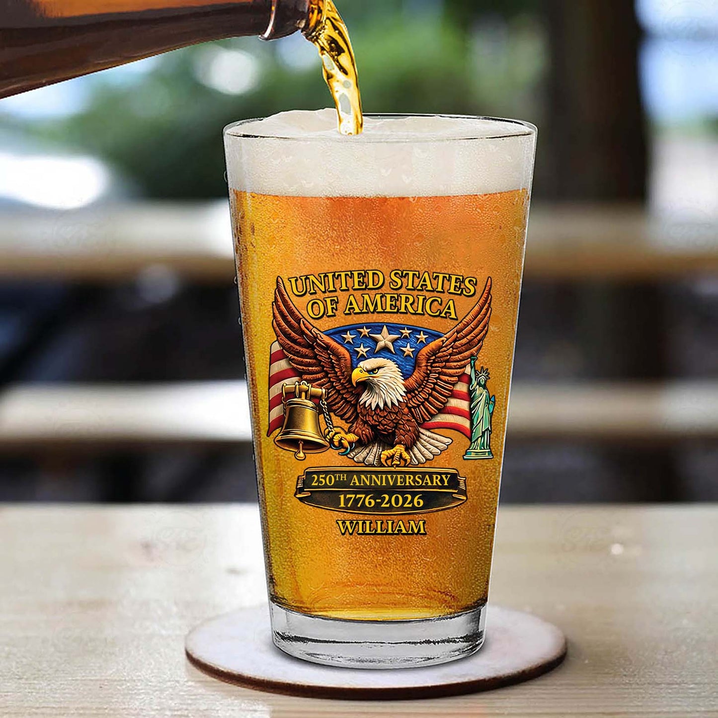 Custom Name USA 250 Years Anniversary Glass | Patriotic Eagle Bell 1776–2026 Whiskey Glass Beer Glass 684263