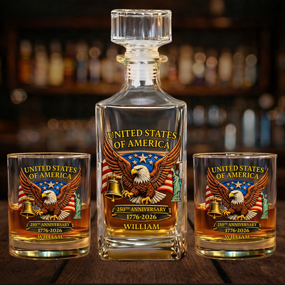 Custom Name USA 250 Years Whiskey Decanter Set | Patriotic Eagle 1776–2026 Whiskey Glass Whiskey Bottle 684263