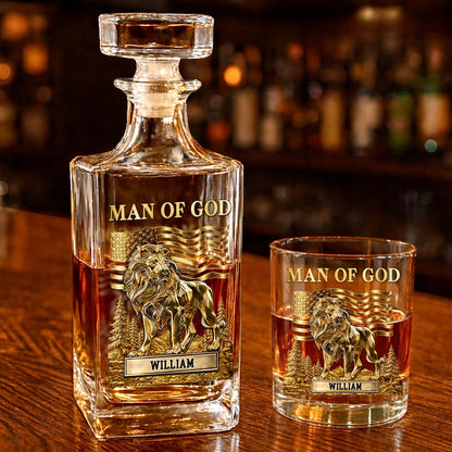 Custom Name Lion Man of God Whiskey Decanter Set | Personalized Whiskey Glass Whiskey Bottle for Men 684269