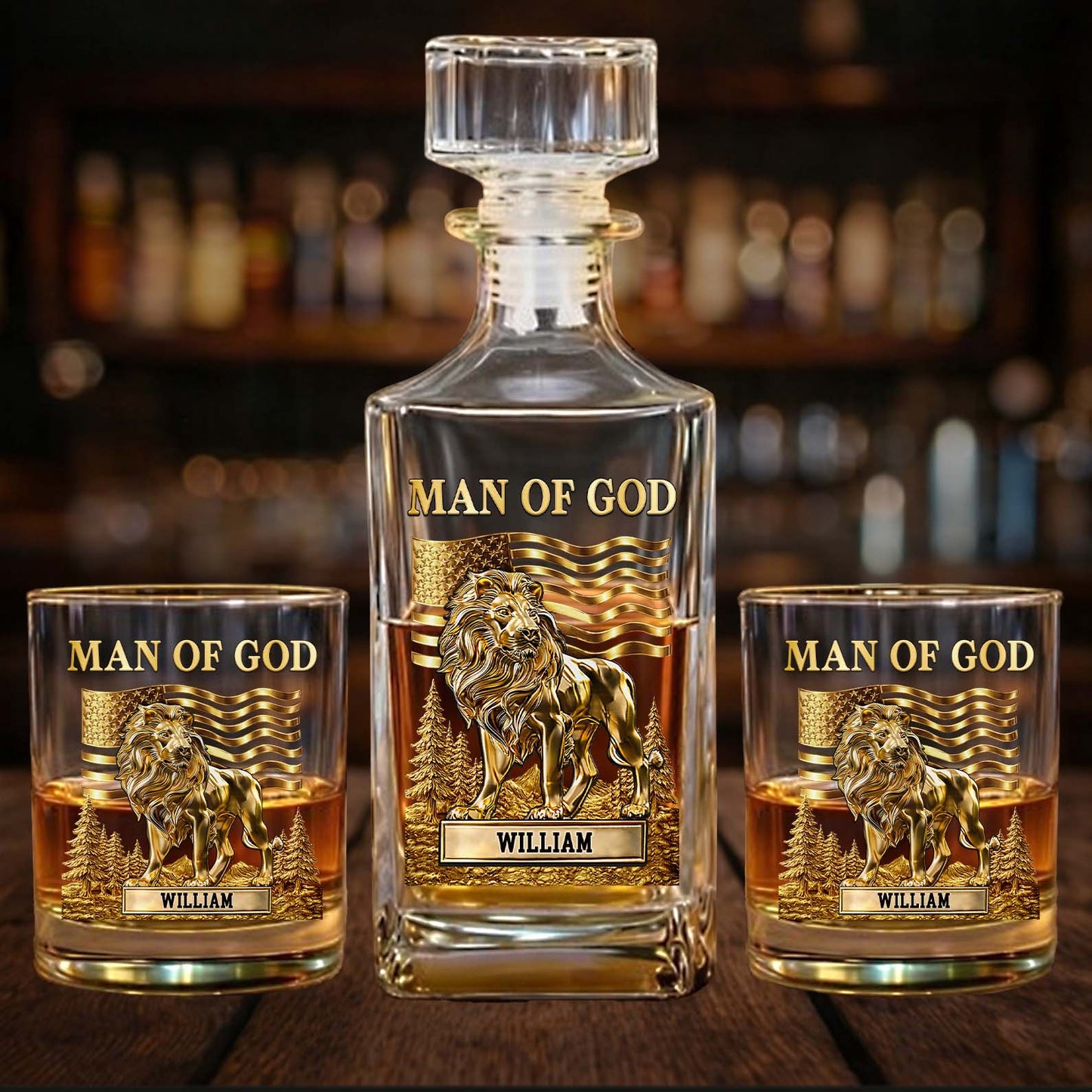 Custom Name Lion Man of God Whiskey Decanter Set | Personalized Whiskey Glass Whiskey Bottle for Men 684269