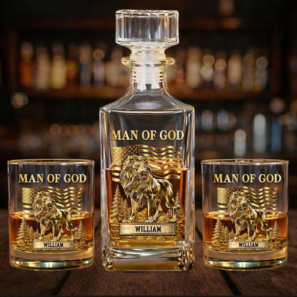 Custom Name Lion Man of God Whiskey Decanter Set | Personalized Whiskey Glass Whiskey Bottle for Men 684269