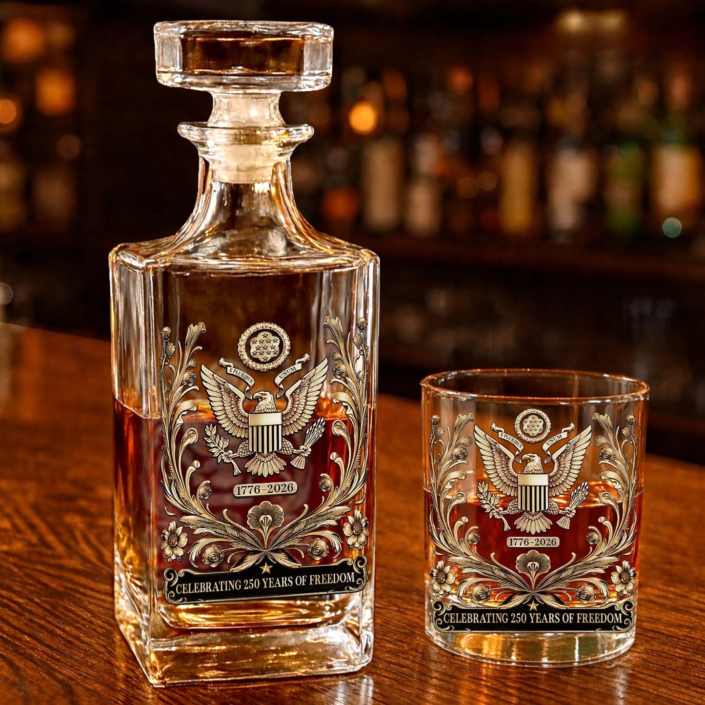 Celebrating 250 Years of Freedom Whiskey Decanter Set | Patriotic 1776–2026 Whiskey Bottle Whiskey Glass 684284