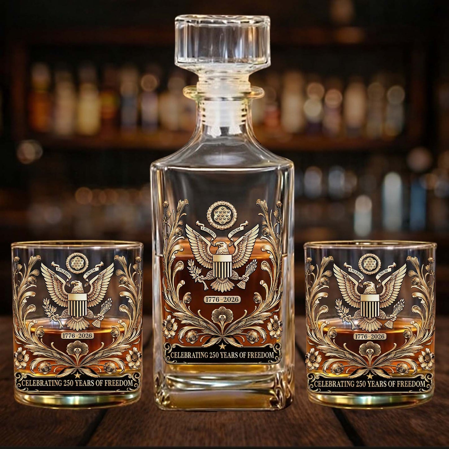 Celebrating 250 Years of Freedom Whiskey Decanter Set | Patriotic 1776–2026 Whiskey Bottle Whiskey Glass 684284