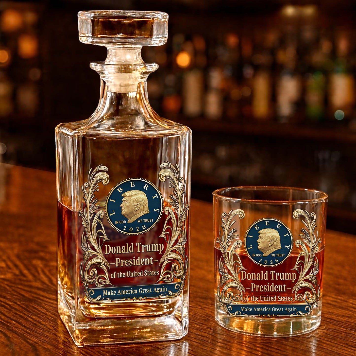 Donald Trump Whiskey Decanter Set | In God We Trust Trump MAGA Whiskey Glass Whiskey Bottle 684285 – GOP