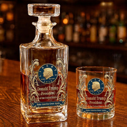 Donald Trump Whiskey Decanter Set | In God We Trust Trump MAGA Whiskey Glass Whiskey Bottle 684285 – GOP