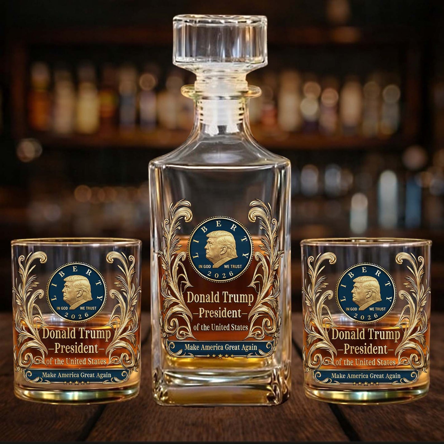 Donald Trump Whiskey Decanter Set | In God We Trust Trump MAGA Whiskey Glass Whiskey Bottle 684285 – GOP