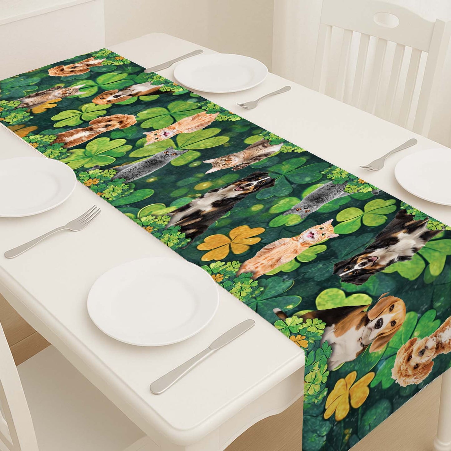 Custom Photo St. Patrick’s Day Clovers Table Runner | Personalized Shamrock Lucky Irish Dining Table Decor 684313