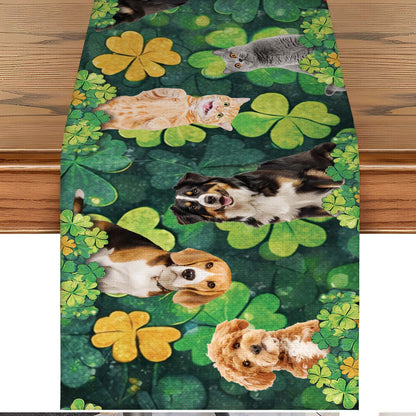 Custom Photo St. Patrick’s Day Clovers Table Runner | Personalized Shamrock Lucky Irish Dining Table Decor 684313