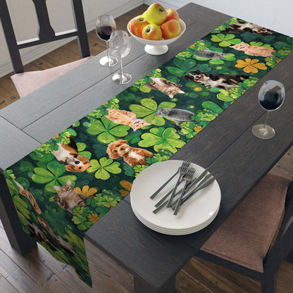 Custom Photo St. Patrick’s Day Clovers Table Runner | Personalized Shamrock Lucky Irish Dining Table Decor 684313