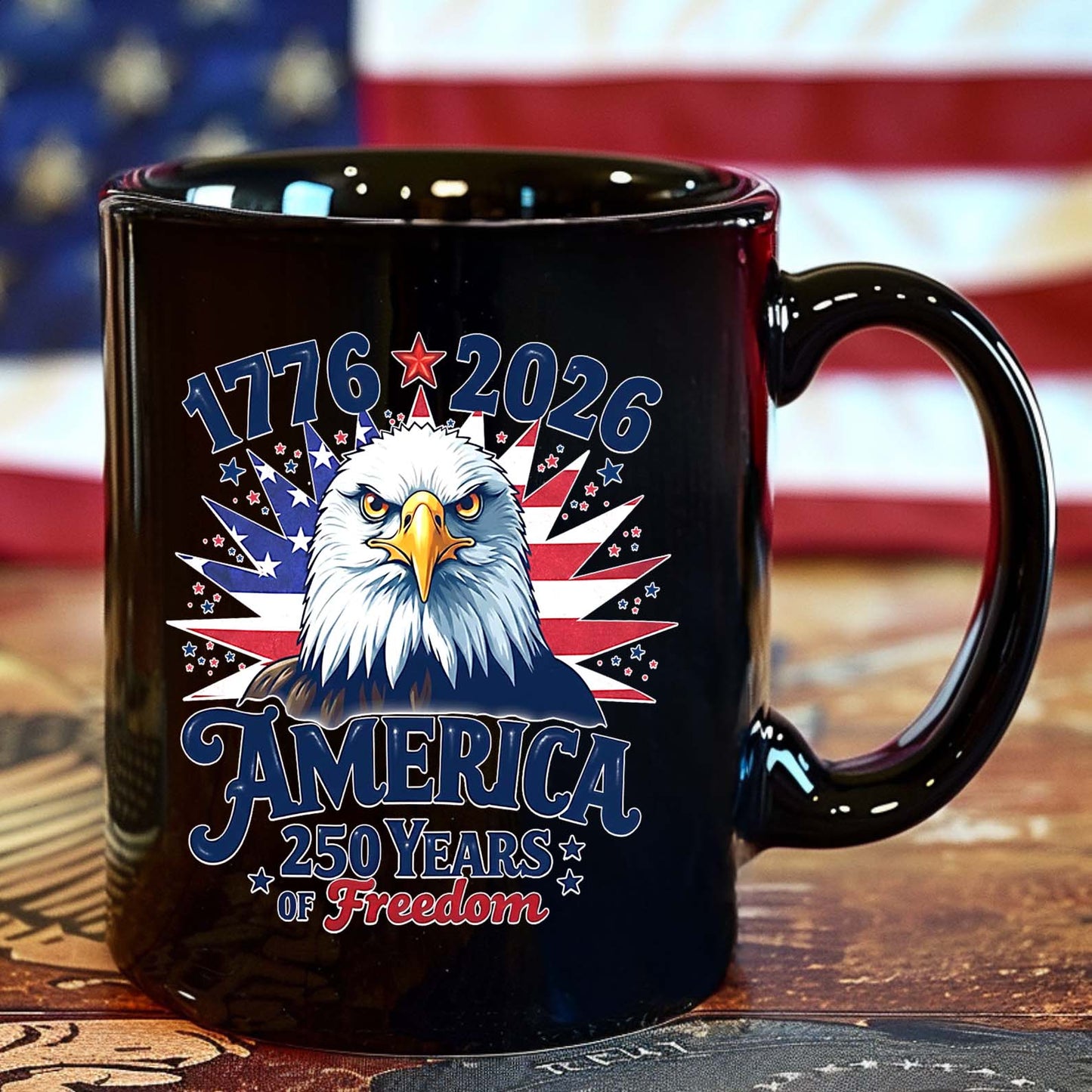USA 250 Years of Freedom Black Mug | Patriotic Eagle US Flag 1776–2026 Coffee Mug | 4th of July Mug 684328