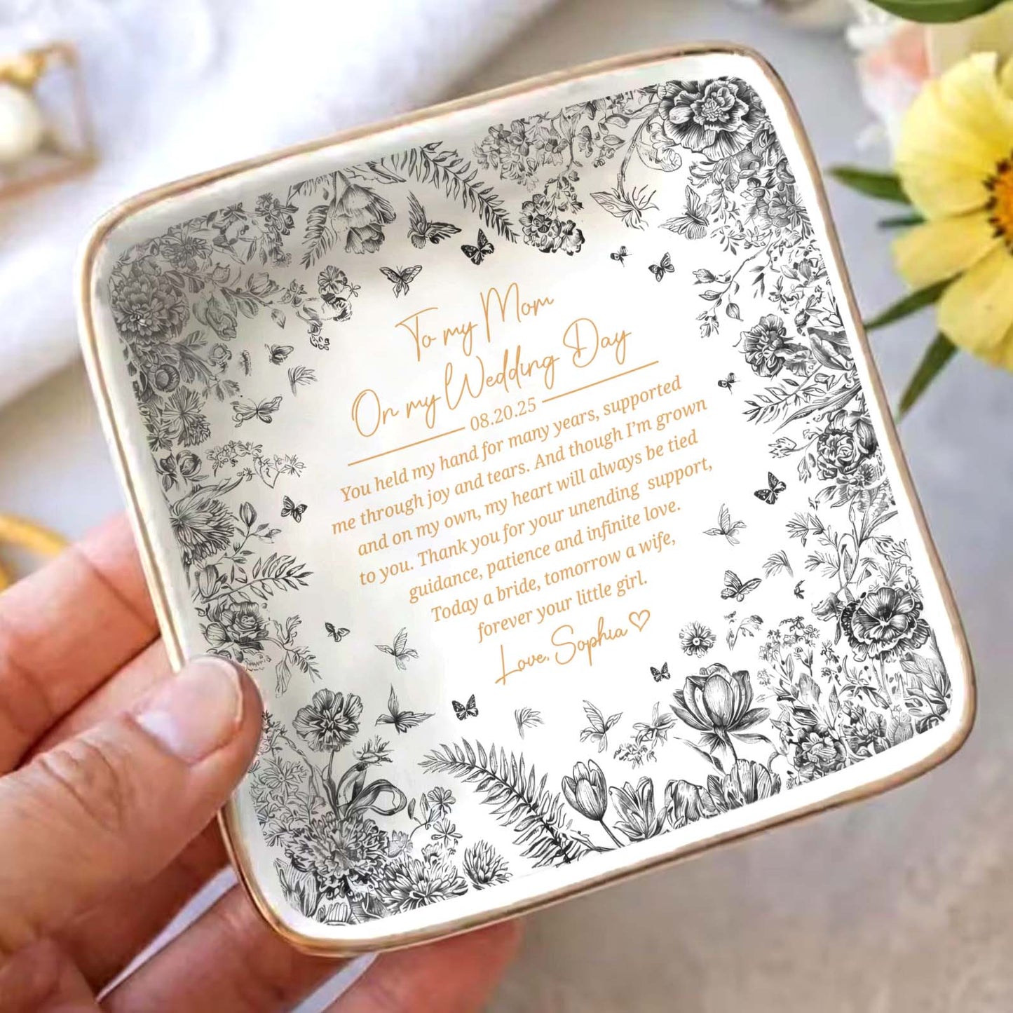 Custom Mother Of The Bride Jewelry Dish | Personalized Toile De Jouy Trinket Tray | Mother's Day Gift 684333
