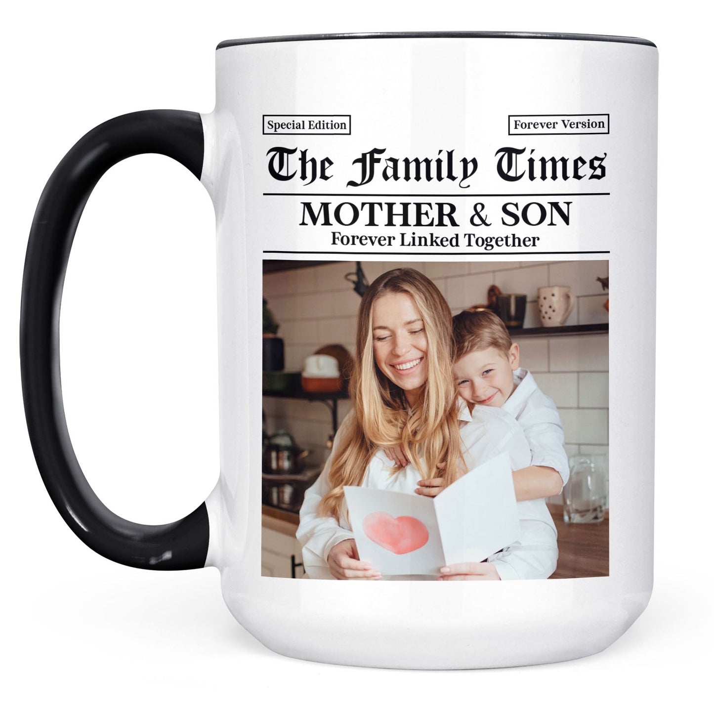 Custom Photo Mother and Daughters Sons Mug | Personalized Family Times Newspaper Theme White Mug Accent Mug 684336