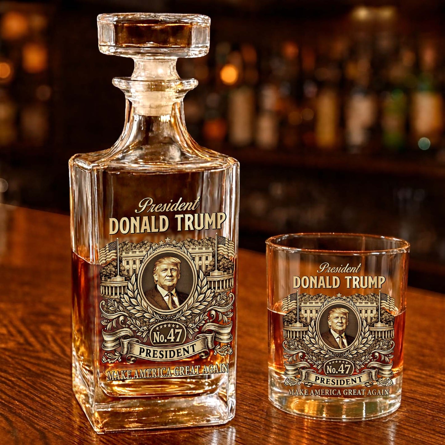 President Donald Trump 47 Whiskey Decanter Set | Trump MAGA Whiskey Glass Whiskey Bottle 684350 – GOP