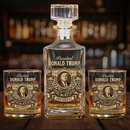 President Donald Trump 47 Whiskey Decanter Set | Trump MAGA Whiskey Glass Whiskey Bottle 684350 – GOP