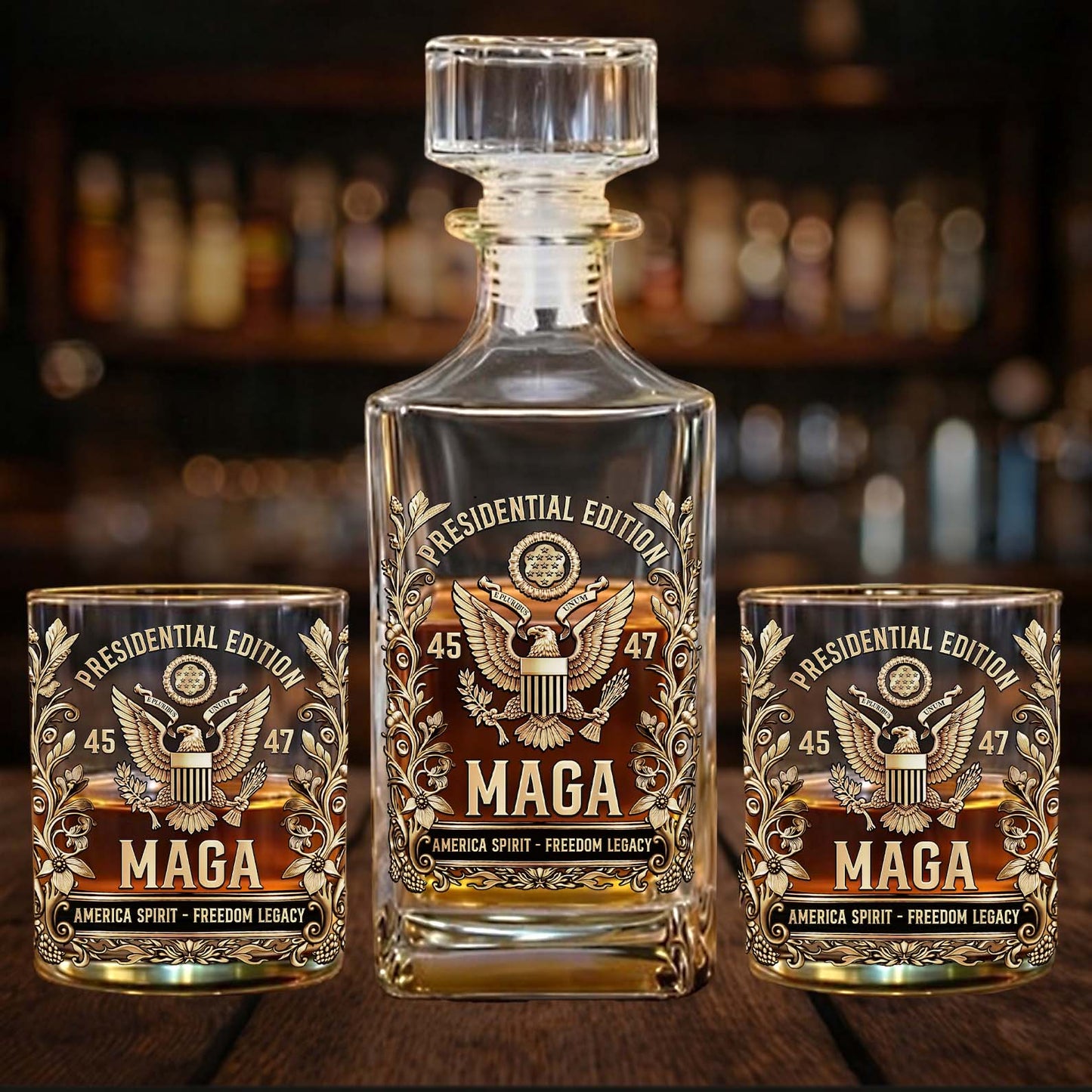 Trump Presidential Edition 45 47 Whiskey Decanter Set | MAGA America First Whiskey Glass Whiskey Bottle 684357 – GOP