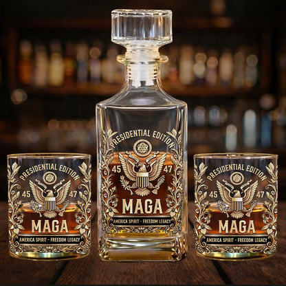 Trump Presidential Edition 45 47 Whiskey Decanter Set | MAGA America First Whiskey Glass Whiskey Bottle 684357 – GOP