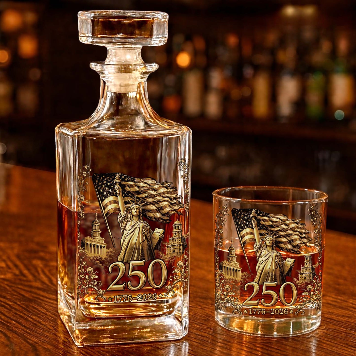 250 Years 1776–2026 Whiskey Decanter Set | Patriotic Liberty US Flag Whiskey Glass Whiskey Bottle 684372