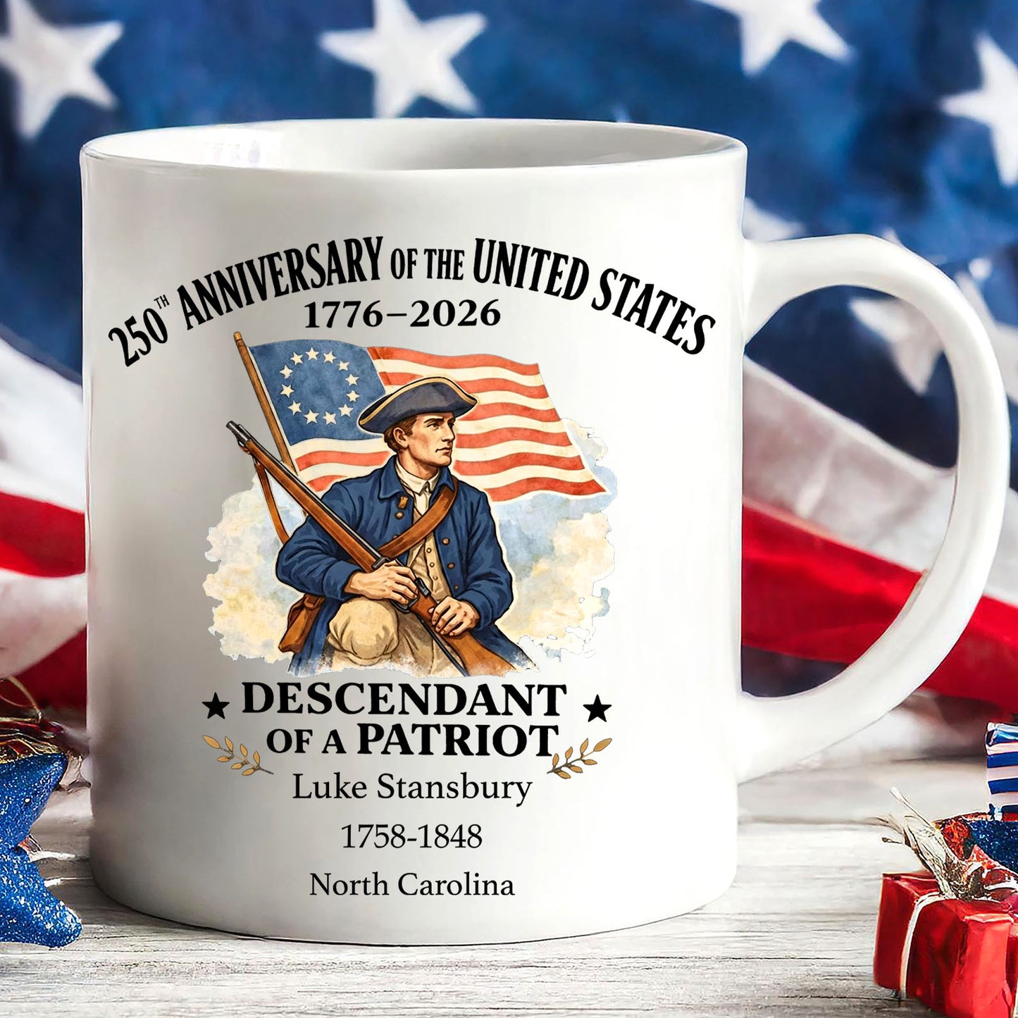 Personalized 250 Years of America Mug, Custom Name Descendant of a Patriot, 1776–2026 White Mug Accent Mug 684373