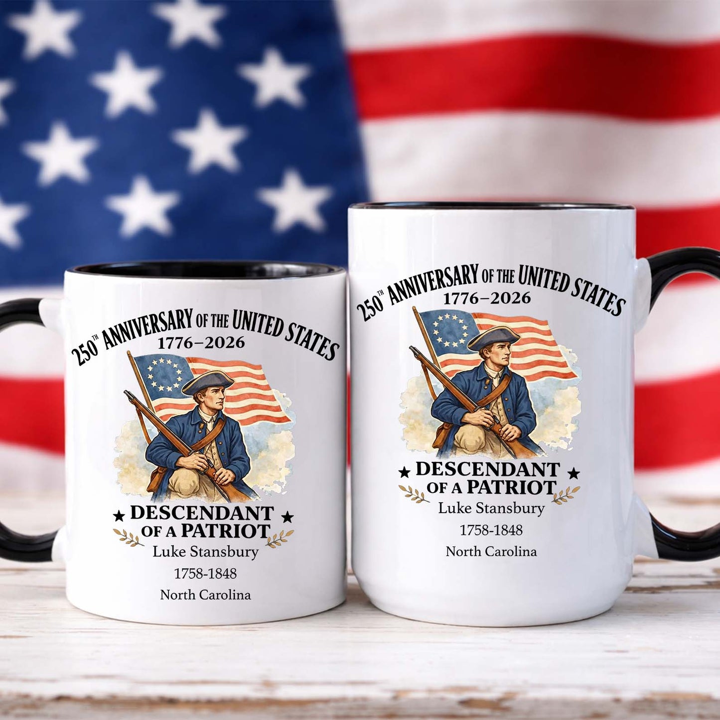 Personalized 250 Years of America Mug, Custom Name Descendant of a Patriot, 1776–2026 White Mug Accent Mug 684373