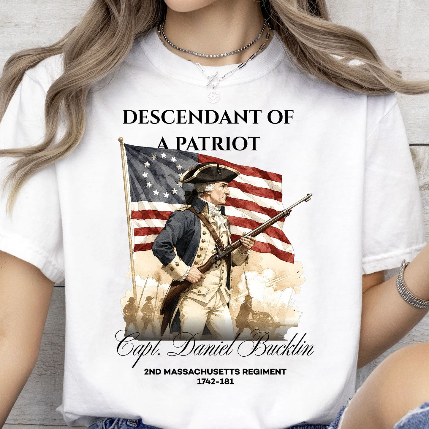 Custom Descendant of a Patriot T-shirt | Personalized Revolutionary War Heritage Family Name | Patriotic Tee 684374