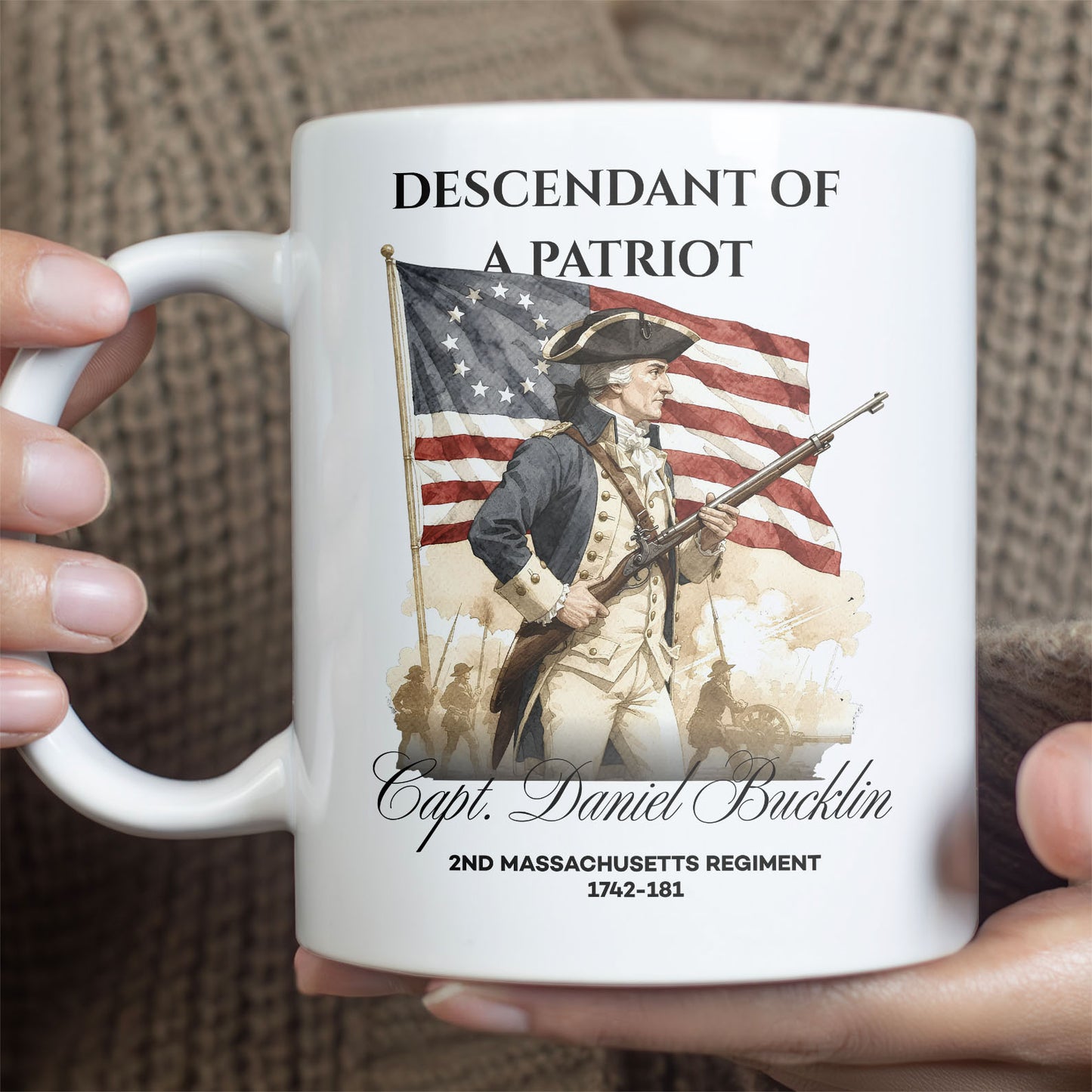 Custom Descendant of a Patriot Mug, Personalized Revolutionary War Heritage Family Name, 1776–2026 Ceramic Mug 684374
