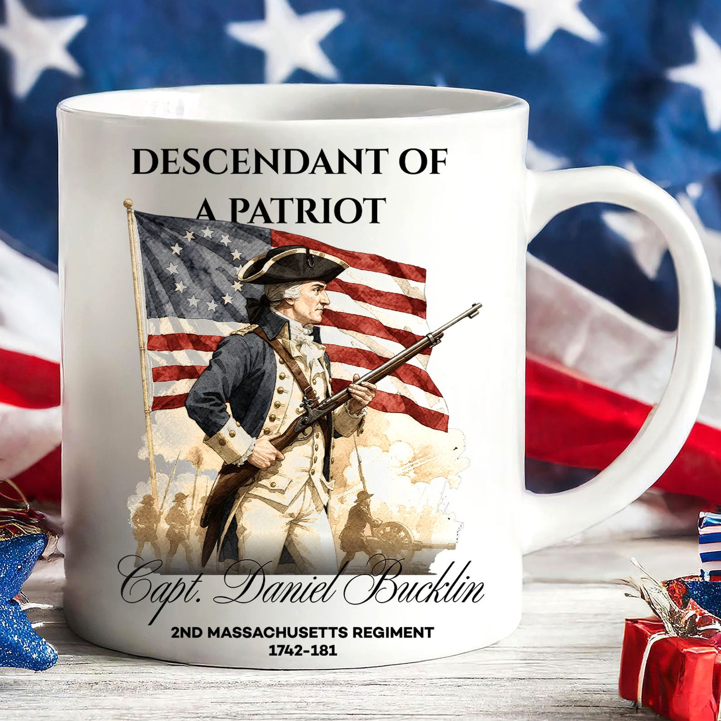 Custom Descendant of a Patriot Mug, Personalized Revolutionary War Heritage Family Name, 1776–2026 Ceramic Mug 684374