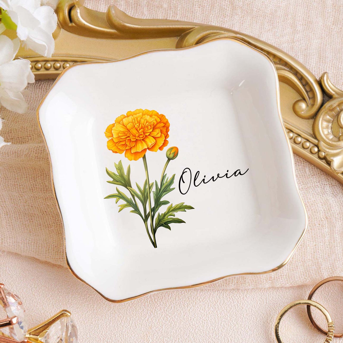 Personalized Birth Flower Trinket Dish | Custom Watercolor Flower Ring Dish | Birthday Jewelry Dish 684394