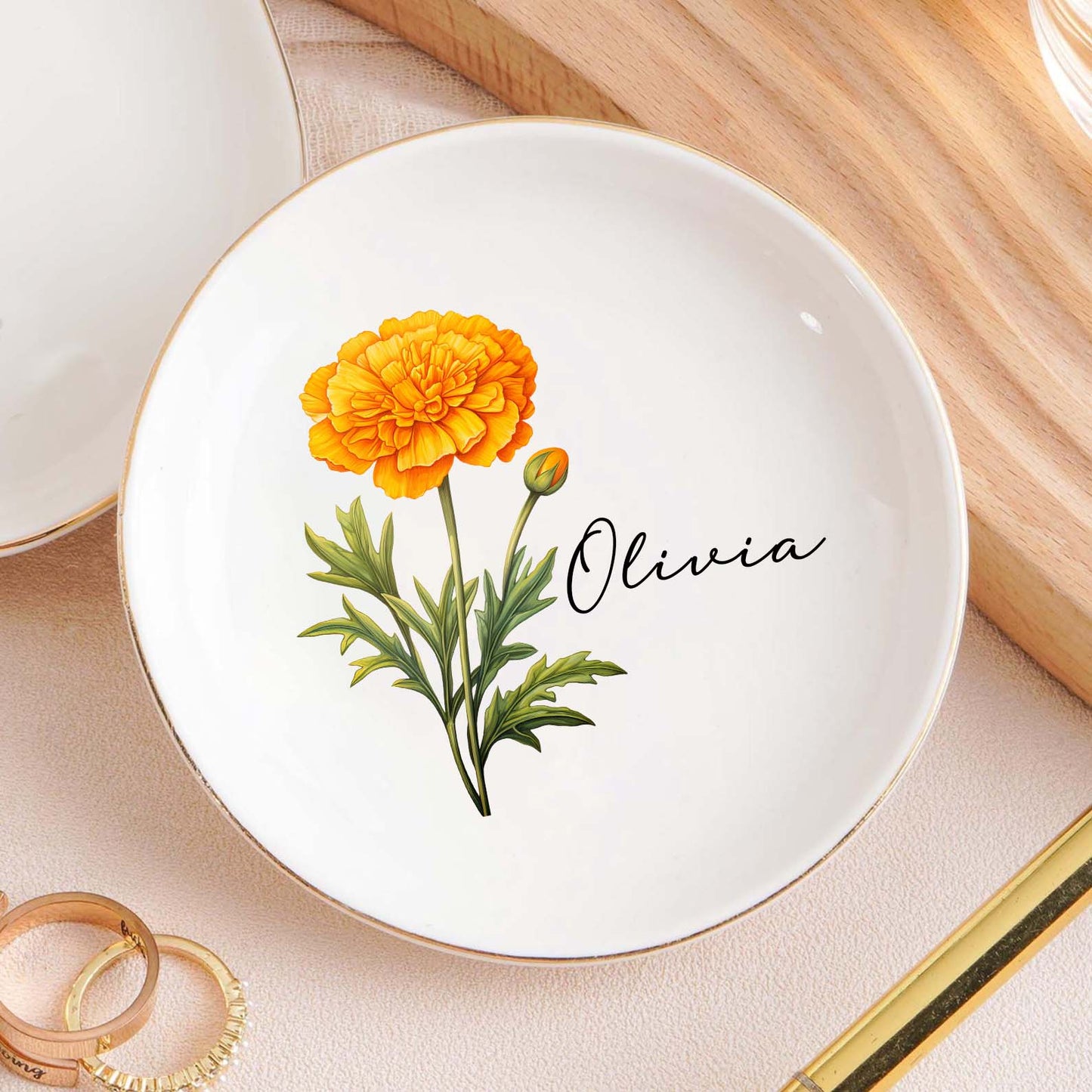 Personalized Birth Flower Trinket Dish | Custom Watercolor Flower Ring Dish | Birthday Jewelry Dish 684394