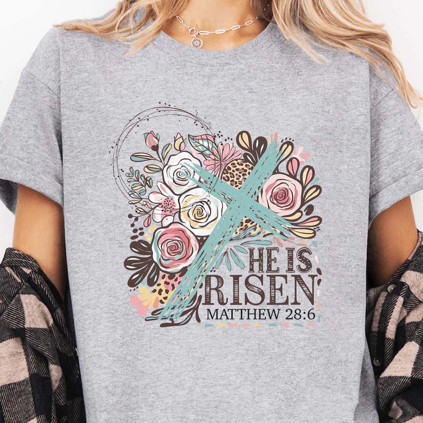 He Is Risen Matthew 28:6 Christian Easter Shirt | Floral Cross Faith T-Shirt 684406