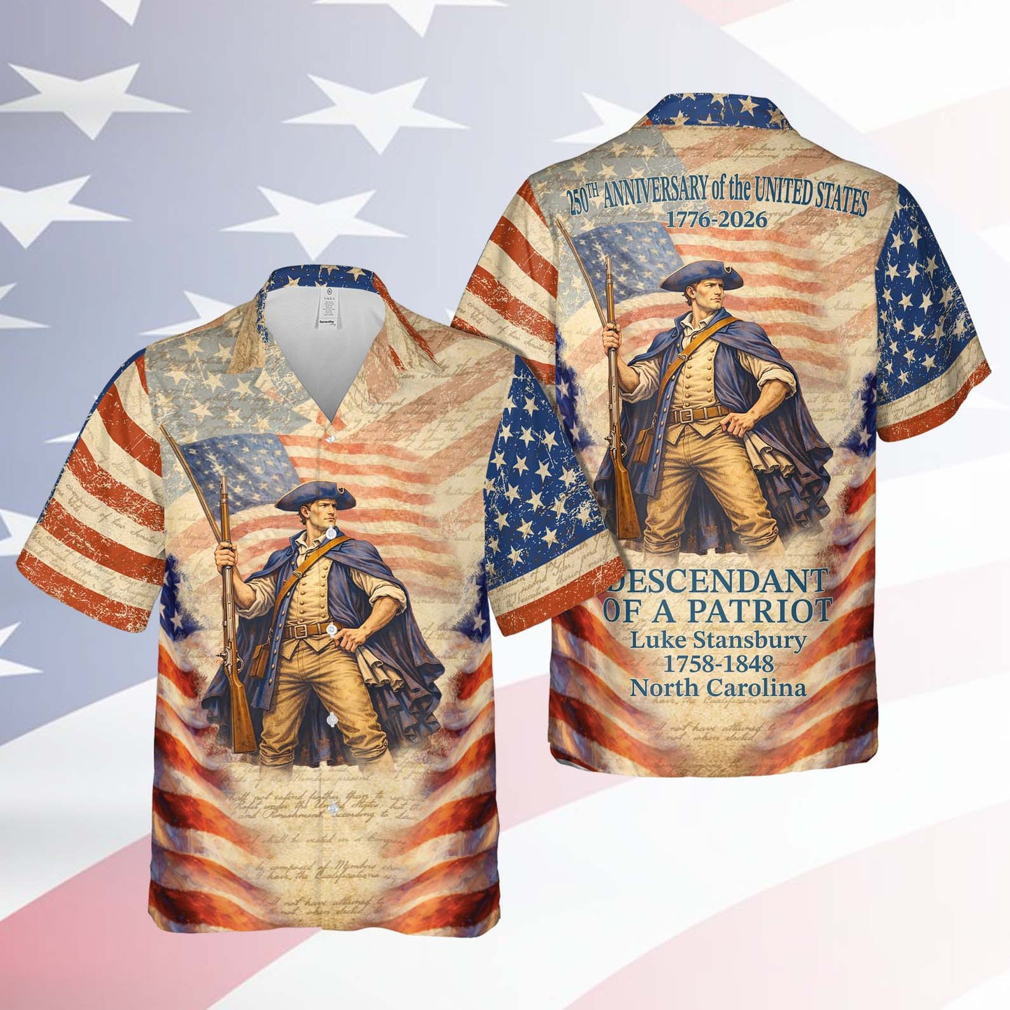 Personalized 250 Years of America Hawaiian Shirt, Custom Name Descendant of a Patriot, Patriotic AOP Shirt 1776–2026 684426