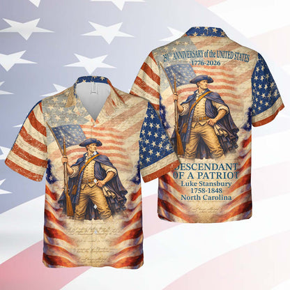 Personalized 250 Years of America Hawaiian Shirt, Custom Name Descendant of a Patriot, Patriotic AOP Shirt 1776–2026 684426