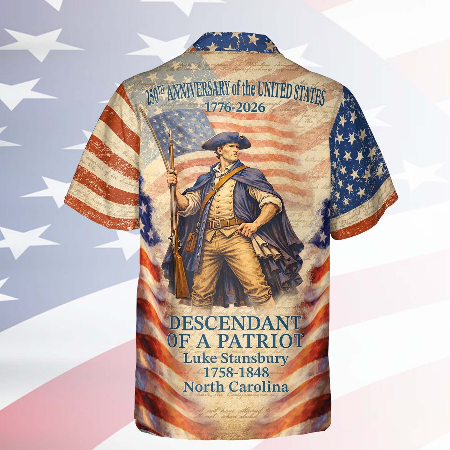 Personalized 250 Years of America Hawaiian Shirt, Custom Name Descendant of a Patriot, Patriotic AOP Shirt 1776–2026 684426