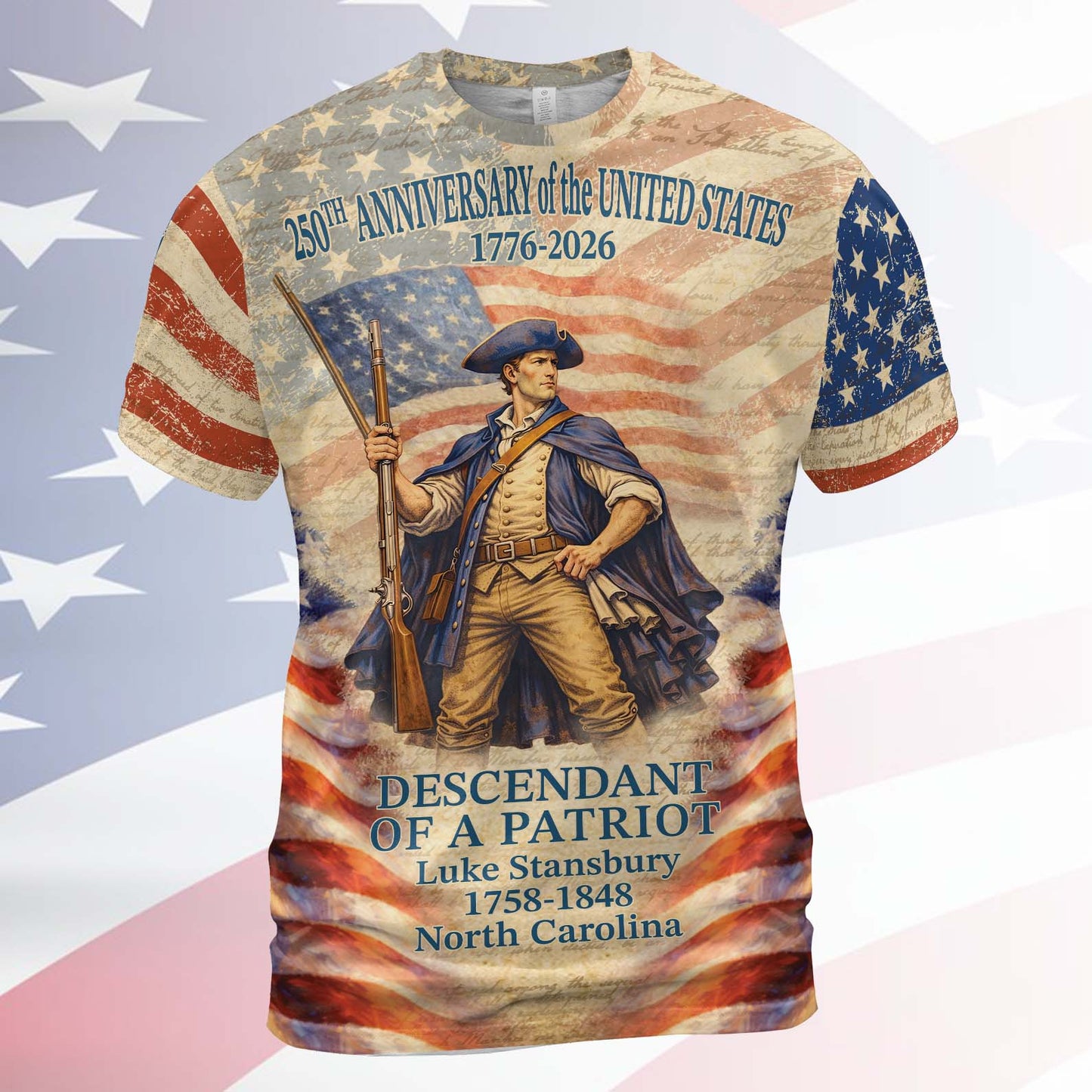 Personalized 250 Years of America AOP Shirt | Custom Name Descendant of a Patriot | Patriotic AOP Shirt 1776–2026 684426