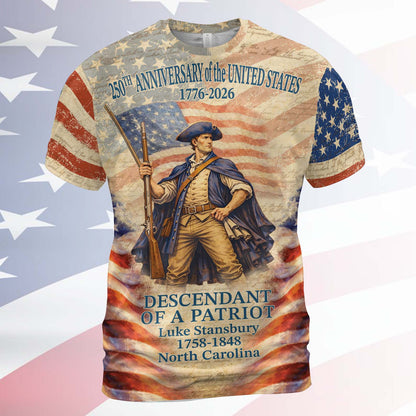 Personalized 250 Years of America AOP Shirt | Custom Name Descendant of a Patriot | Patriotic AOP Shirt 1776–2026 684426