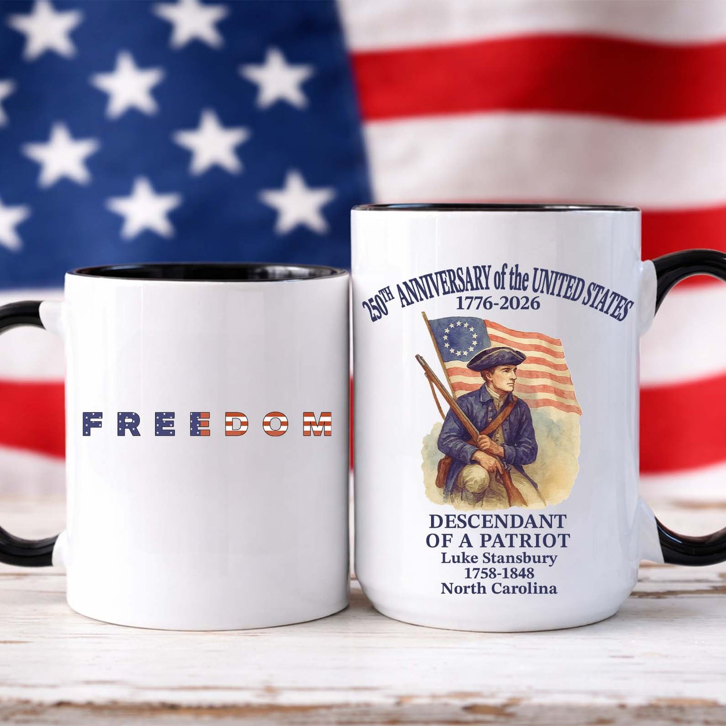 Personalized 250 Years of America Mug, Custom Name Descendant of a Patriot, Freedom 1776–2026 Ceramic Mug 684451