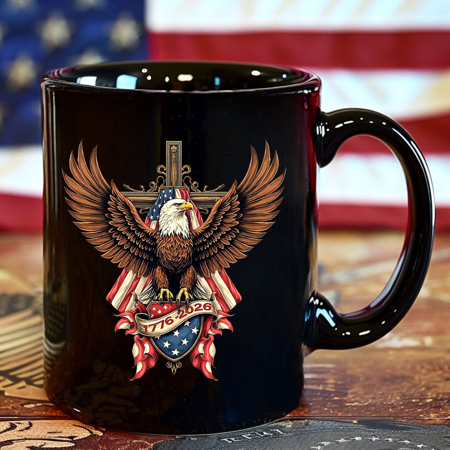 250 Years USA Anniversary Mug | Patriotic Eagle US Flag 1776–2026 Coffee Mug | 4th of July Black Mug 684454