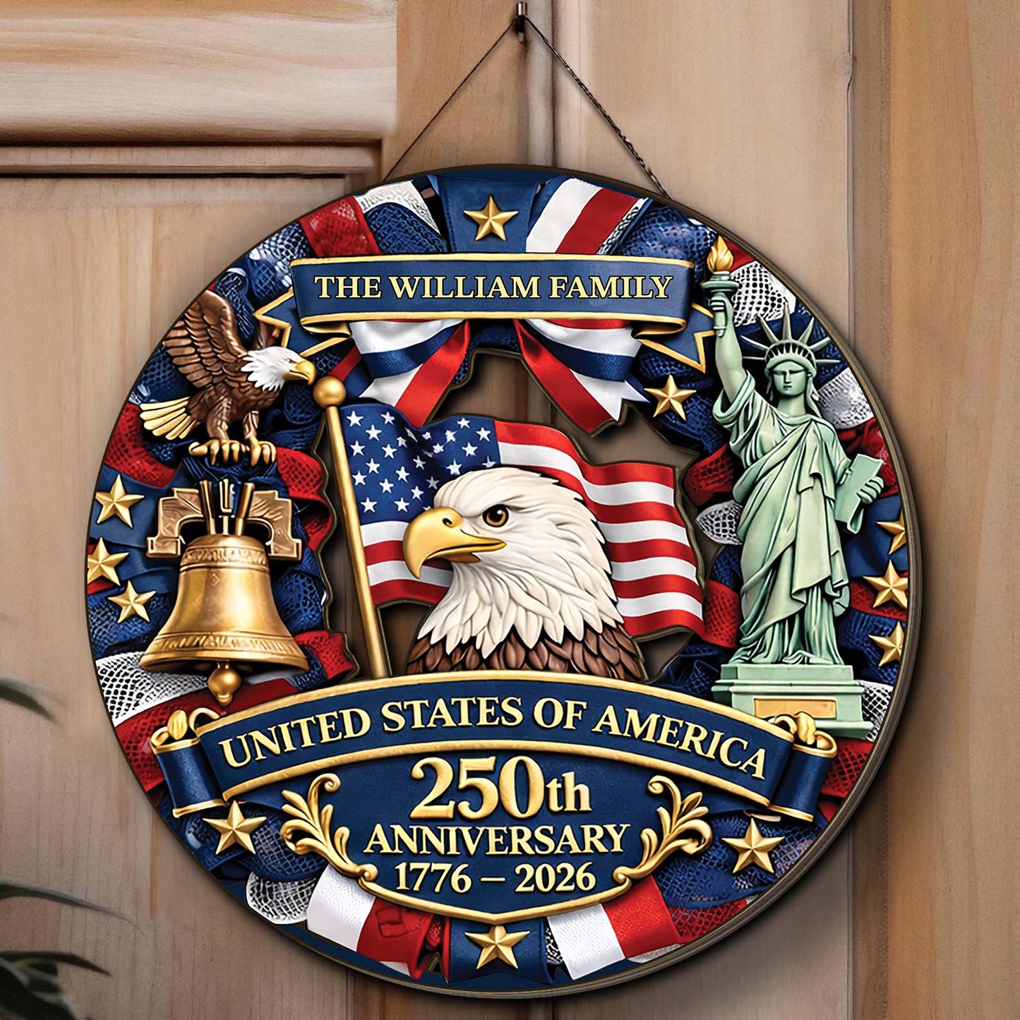 Personalized America 250th Anniversary Wooden Sign | 1776-2026 Semiquincentennial Wood Wreath | Patriotic Decor 684477