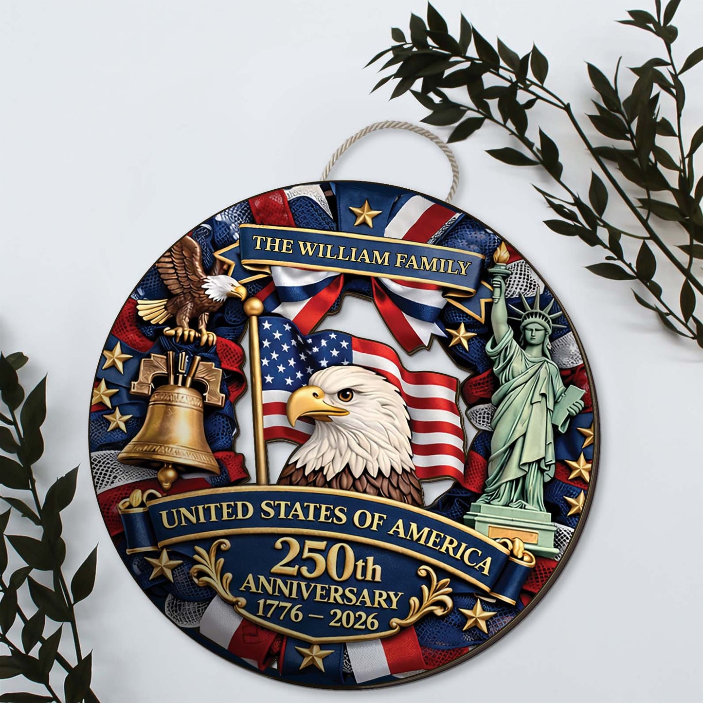 Personalized America 250th Anniversary Wooden Sign | 1776-2026 Semiquincentennial Wood Wreath | Patriotic Decor 684477