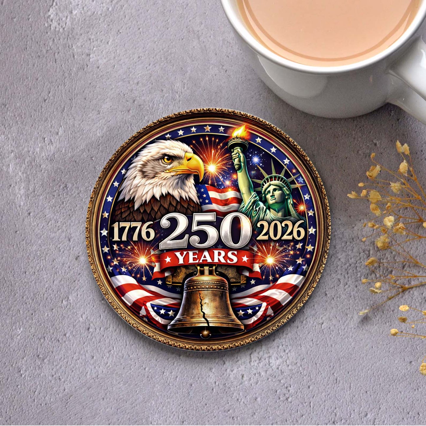250 Years USA Anniversary Ceramic Coaster | Patriotic Eagle Liberty Coaster 684510