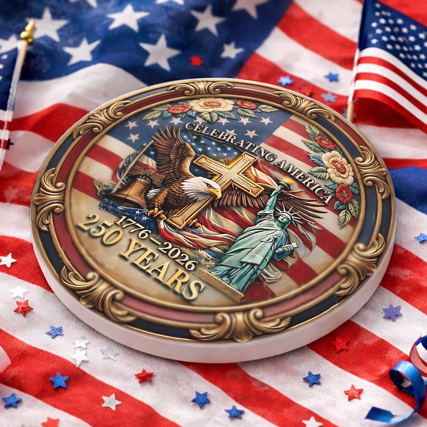 Celebrating 250 Years USA Anniversary Ceramic Coaster | Patriotic Eagle Liberty 1776–2026 Coaster 684511