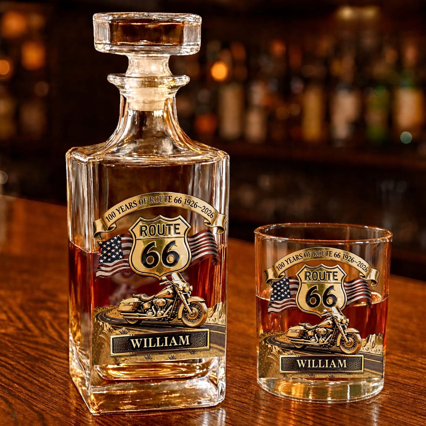Personalized 100 Years Of Route 66 Whiskey Decanter Set | Whiskey Glass & Bottle Set Gift For Bikers 684651