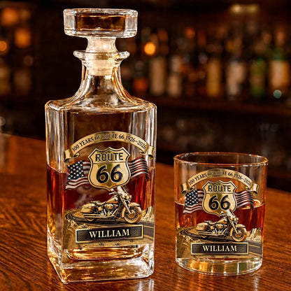 Personalized 100 Years Of Route 66 Whiskey Decanter Set | Whiskey Glass & Bottle Set Gift For Bikers 684651