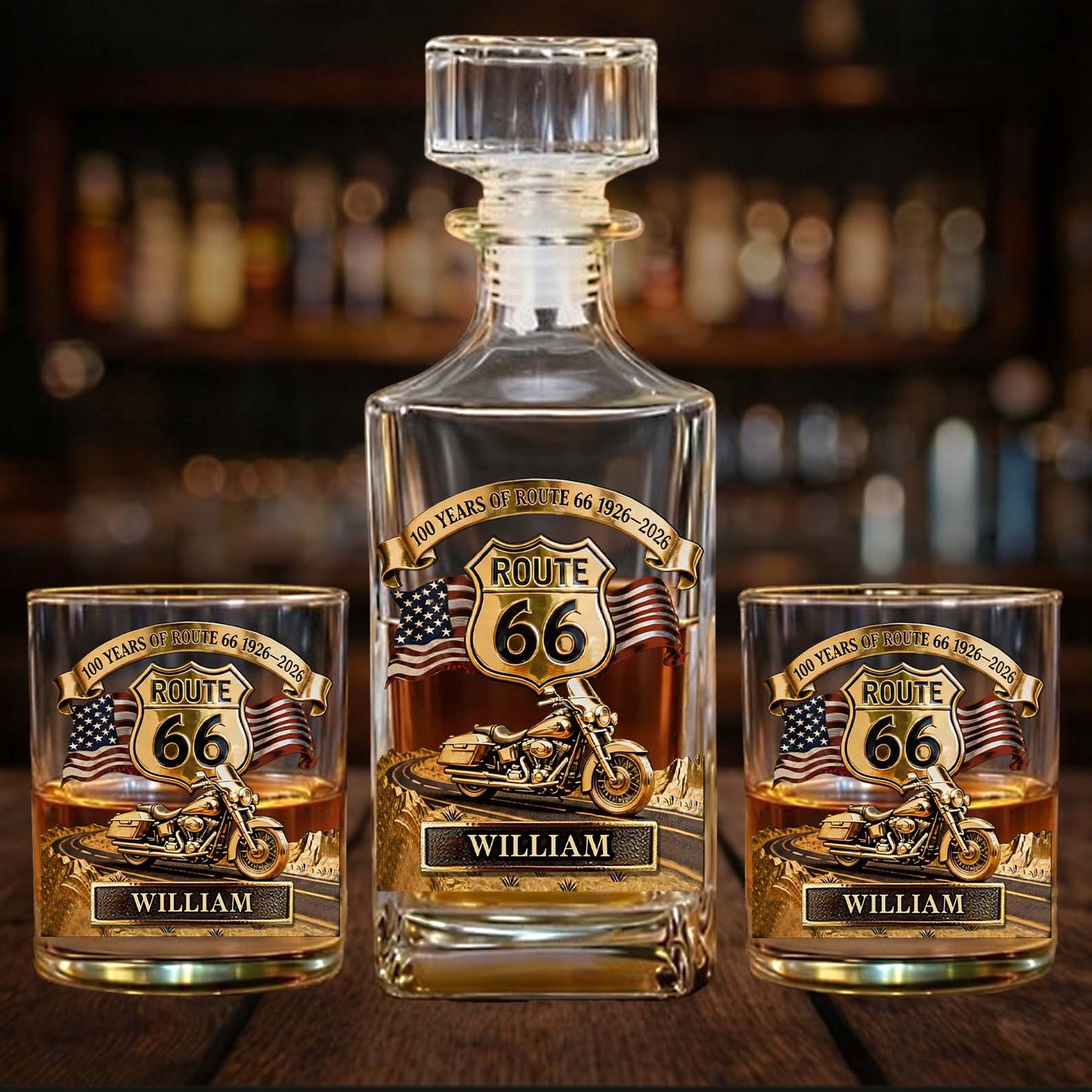 Personalized 100 Years Of Route 66 Whiskey Decanter Set | Whiskey Glass & Bottle Set Gift For Bikers 684651